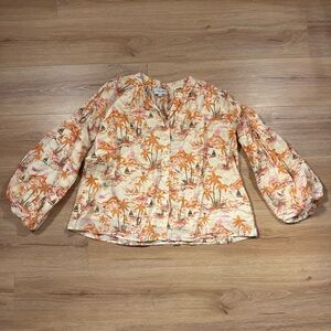 Olivia James Relaxed LS Bell Button Down Tropical Orange Print Shirt Size Small